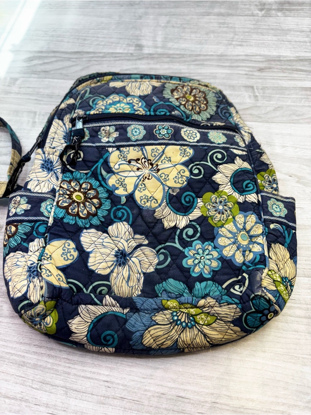 Vera Bradley Y2K Navy Floral Quilted Backpack with Teal & Cream Accents